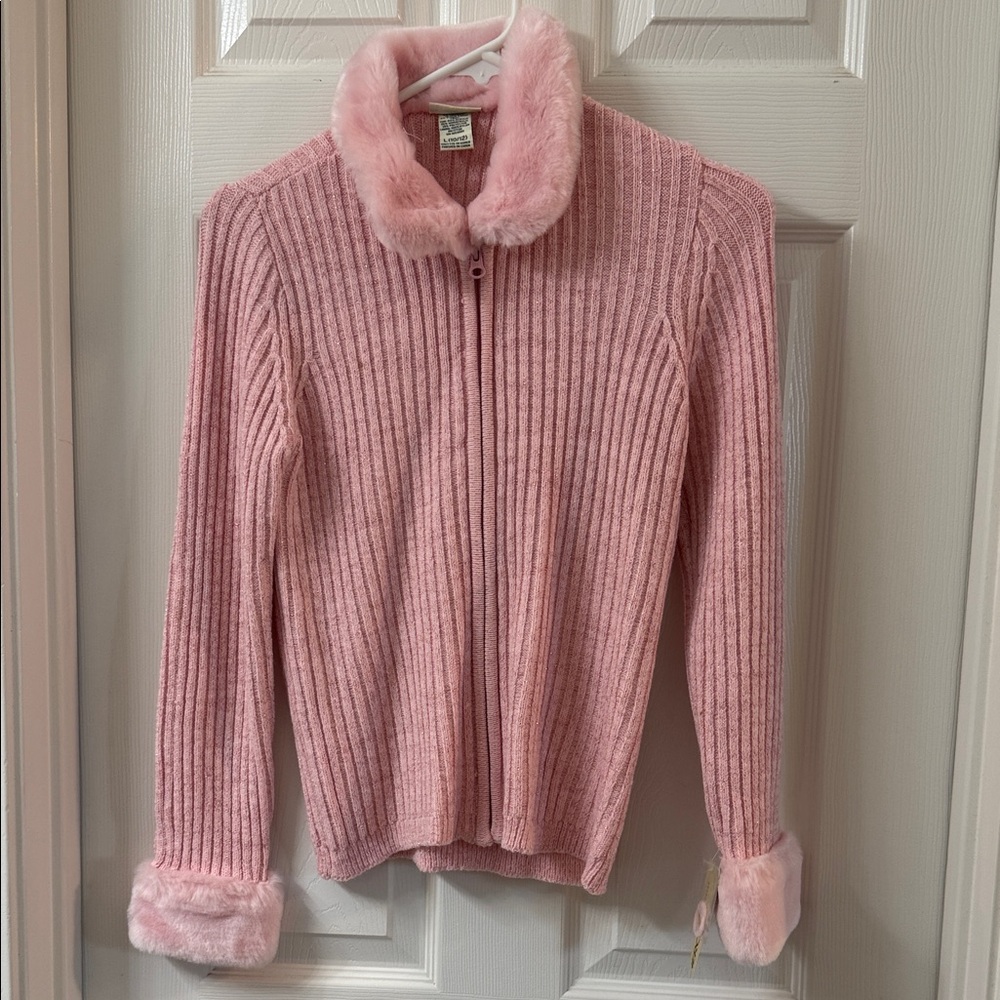 New Cherokee Light Pink Sweater with Faux Fur size girls 10/12